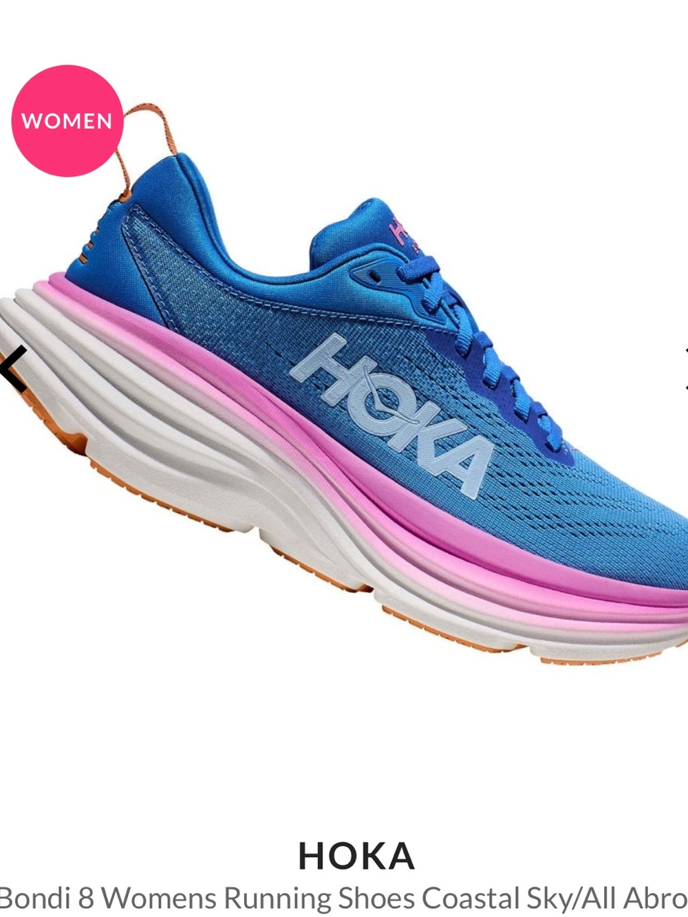 Hoka Bondi 8 Women’s Blue and Pink Cushioned Running Shoe